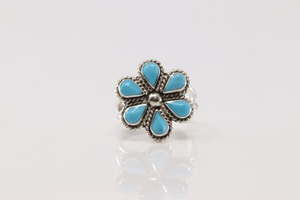 Native America Zuni Sterling Silver Turquoise Flower Ring By Alicia Wilson.