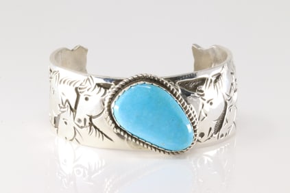 Native America Navajo Sterling Silver Kingman Turquoise Horse Bracelet Cuff By B.