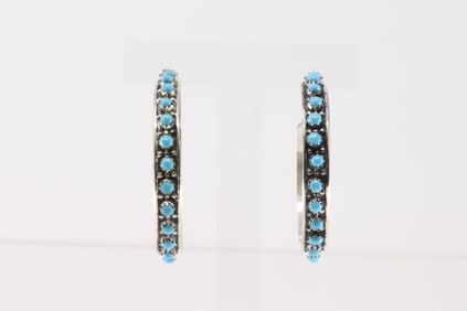 Native America Navajo Sterling Silver Turquoise Hoop Earring's By Joan Cheama.