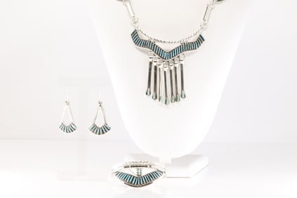 Native America Navajo Sterling Silver Turquoise Necklace / Dangling Earring's & Bracelet Set By Y.