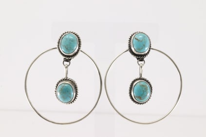 Native America Navajo Sterling Silver Kingman Turquoise Hoop Post / Dangling Earring's By Judith