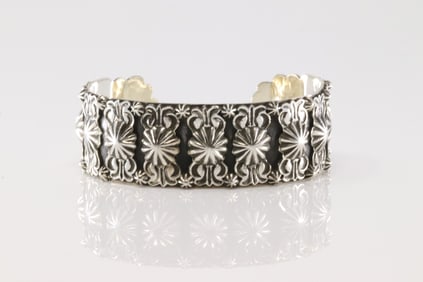 Native America Navajo Sterling Silver Stamped Star Bracelet Cuff By Bobby Platero.