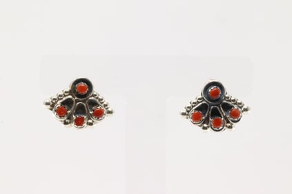 Native America Zuni Sterling Silver Coral Post Earring's By Joan Cheama.