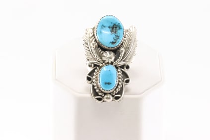 Native America Navajo Sterling Silver Turquoise Ring 2 Stone Leaf By H.B.Y.