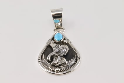 Native America Navajo Sterling Silver Turquoise Eagle Pendant By Darrell Morgan.