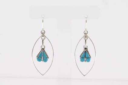 Native America Zuni Sterling Silver Turquoise Heart Inlay Dangling Earring's By Velda Nastacio.