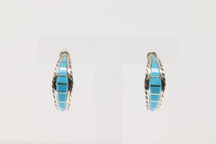 Native American Zuni Sterling Silver Kingman Turquoise Hoop Earring By Malcolm Chavez.