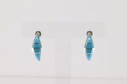 Native American Zuni Sterling Silver Turquoise Inlay Hoop Earring By Robert Kanesta.