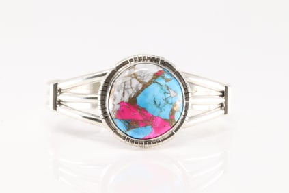Native American Navajo Sterling Silver Turquoise Compressed Bracelet Cuff By S.E.