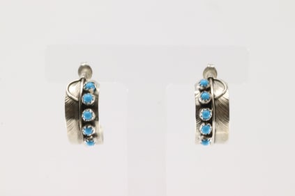 Native American Navajo Sterling Silver Turquoise Feather Hoop Earring's By Chester Chandle.
