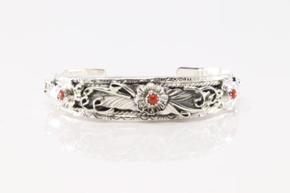 Native American Navajo Sterling Silver Coral Bracelet Floral Cuff By Bessie Joe.