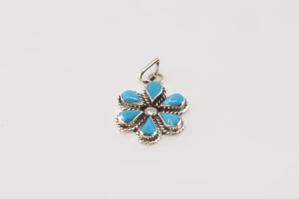Native America Navajo Sterling Silver Turquoise Flower Pendant By Gina Docedo.