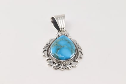 Native America Navajo Sterling Silver Turquoise Pendant By Samuel Yellowhair.