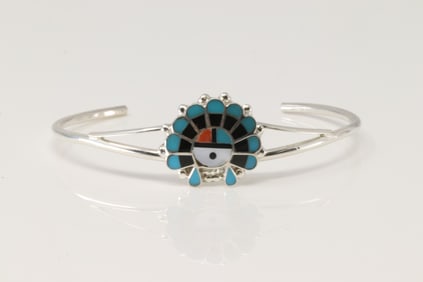 Native America Zuni Sterling Silver Multi-Color Inlay Stone Sunface Bracelet By E.R.
