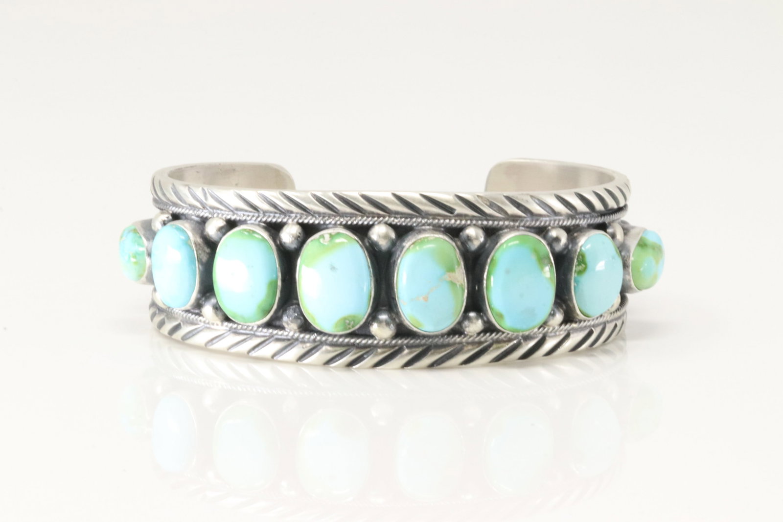 Native America Navajo Sterling Silver Sonora Gold Turquoise Bracelet Cuff By Booby Johnson.: This is a Native America Navajo Sterling Silver Sonora Gold Turquoise Bracelet Cuff By Booby Johnson.