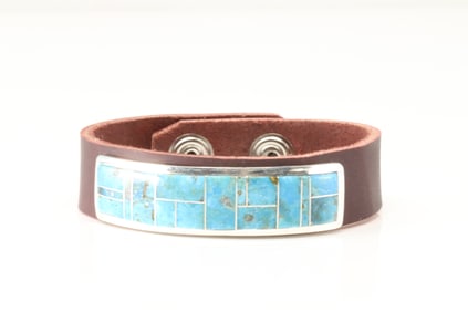 Native America Navajo Sterling Silver Turquoise Inlay Bracelet Cuff By Edison Yazzie.