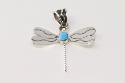 Native America Navajo Sterling Silver Turquoise Dragonfly Pendant By Brandon Belin.