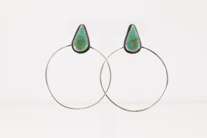 Native America Navajo Sterling Silver Kingman Turquoise Hoop Earring's By Elouise Kee.