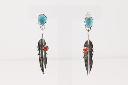 Native America Navajo Sterling Silver Coral & Turquoise Dangling Earring's By Sharon McCarthy.