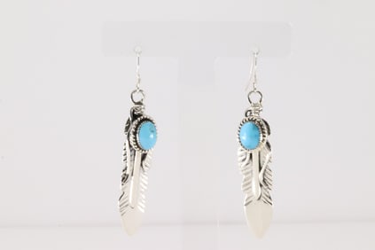 Native America Navajo Sterling Silver Turquoise Feather Dangling Earring's By Gilbert Smith.