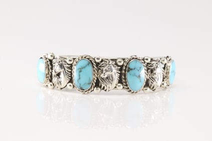 Native America Navajo Sterling Silver Turquoise Horse Bracelet Cuff By Calvin Belin.