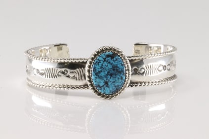 Native America Navajo Sterling Silver Kingman Turquoise Bracelet Cuff By Jason Bahe.