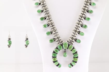 Native America Navajo Sterling Silver Sonora Gold Turquoise Squash Necklace & Earring's Set By T.