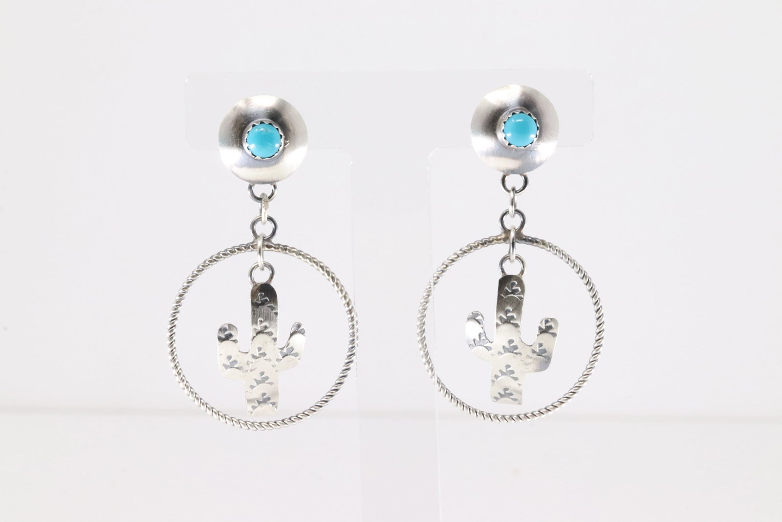 Native America Navajo Sterling Silver Turquoise Cactus Post / Dangling Earring's By Gabrielle: This is a Native America Navajo Sterling Silver Turquoise Cactus Post / Dangling Earring's By Gabrielle Yazzie.
