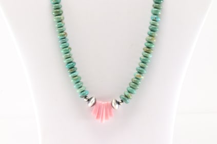 Native America Navajo Sterling Silver Turquoise & Pink Conch Shell Necklace.