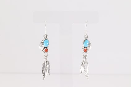 Native America Navajo Sterling Silver Coral & Turquoise Dangling Earring's By Rita Largo.