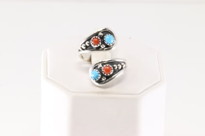 Native America Navajo Sterling Silver Coral & Turquoise Ring By Genevieve Francisco.