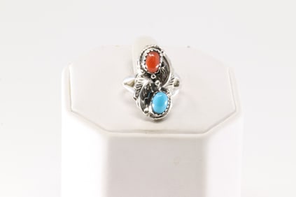 Native America Navajo Sterling Silver Coral & Turquoise Ring By Annette Chiquito.