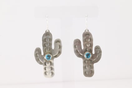 Native America Navajo Sterling Silver Turquoise Cactus Dangling By Aaron Davis.