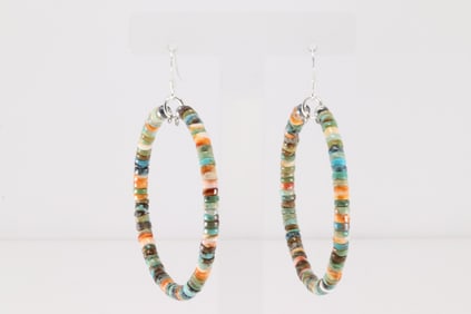 Native America Navajo Sterling Silver Multi-Color Hoop Dangling Earring's.