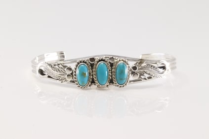 Native America Navajo Sterling Silver Turquoise Bracelet Cuff By Andrew Vandever.