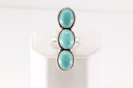 Native America Navajo Sterling Silver Turquoise Ring 3 Stone By Eugene Belone.