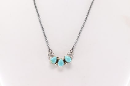 Native America Navajo Sterling Silver Turquoise Necklace By M.R.