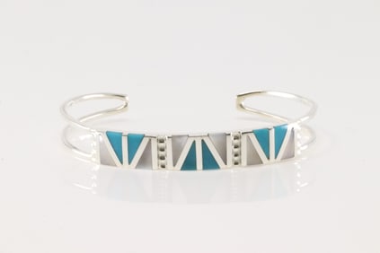 Native American Zuni Sterling Silver Turquoise & Opal Inlay Bracelet Cuff By Wilfred Siutza.