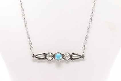 Native America Navajo Sterling Silver Turquoise Necklace By Marita Benally.