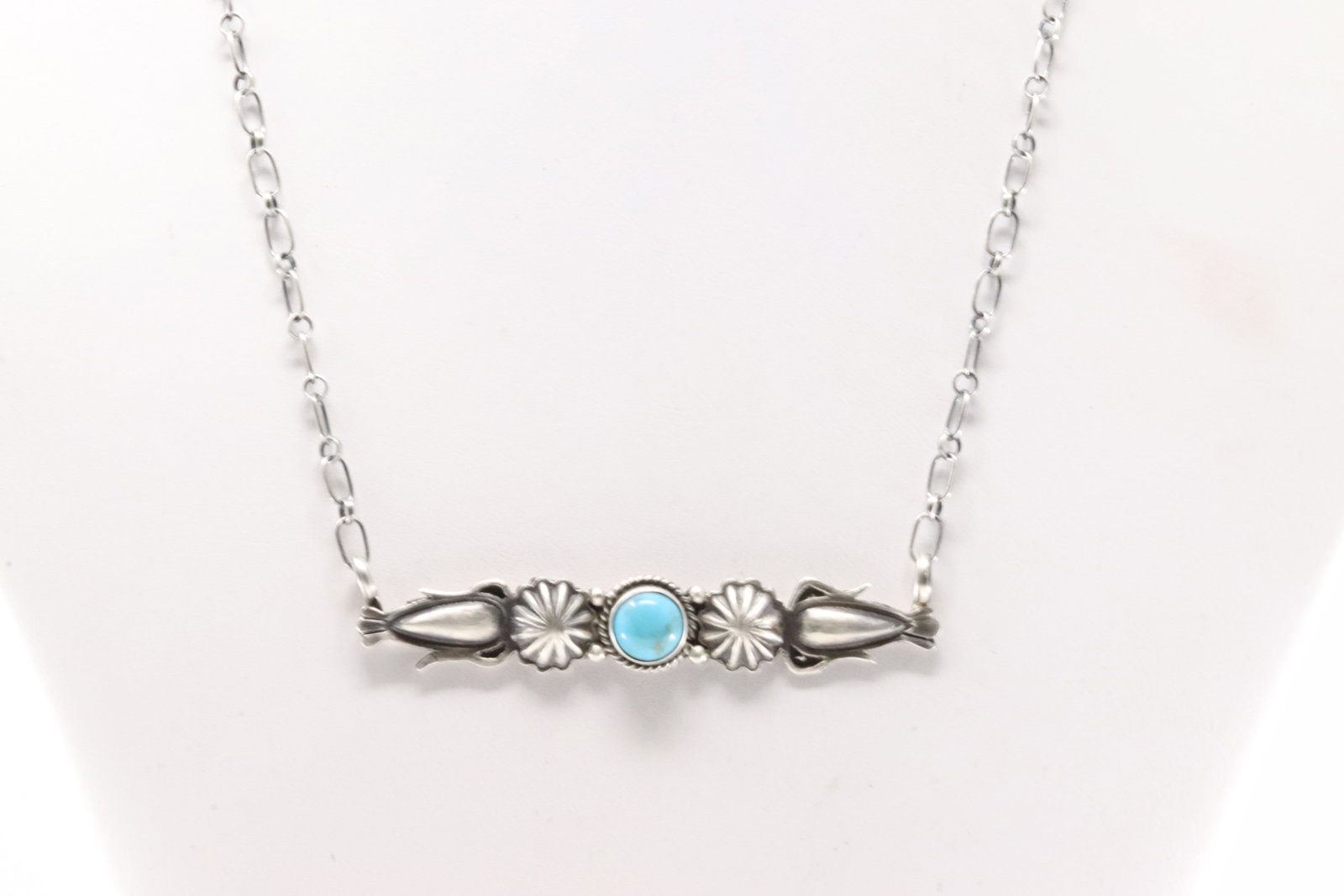 Native America Navajo Sterling Silver Turquoise Necklace By Marita Benally.: This is a Native America Navajo Sterling Silver Turquoise Necklace By Marita Benally. Necklace length: 16.00"