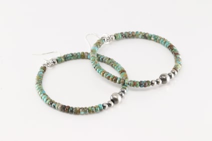 Native America Navajo Sterling Silver Turquoise / Pearl Beaded Hoop Earring's.