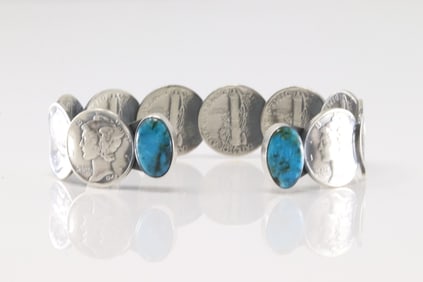 Native America Navajo Sterling Silver Turquoise Mercury Dime Bracelet Cuff By James McCabe.