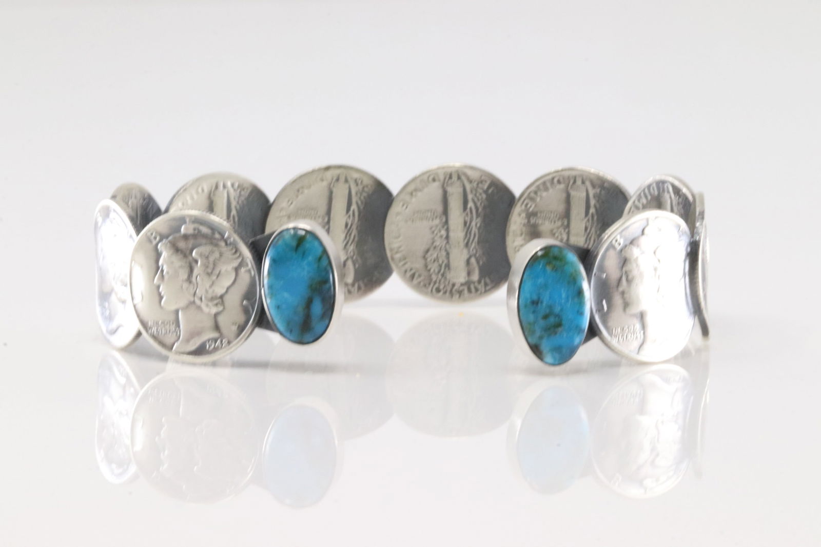 Native America Navajo Sterling Silver Turquoise Mercury Dime Bracelet Cuff By James McCabe. (1 of 4)