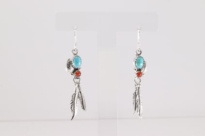 Native America Navajo Sterling Silver Coral & Turquoise Dangling Earring's By Rita Largo.