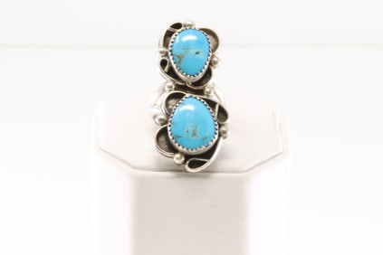 Native America Navajo Sterling Silver Turquoise Ring 2 Stone By Rena Shelly.