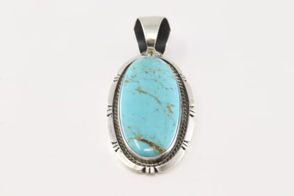Native America Navajo Sterling Silver Kingman Turquoise Pendant By Alfred Martinez.