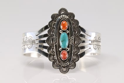 Native America Navajo Sterling Silver Spiny Oyster & Turquoise Bracelet Cuff By Eula Wylie.