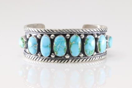 Native America Navajo Sterling Silver Sonora Gold Turquoise Bracelet Cuff By Bobby Johnson.