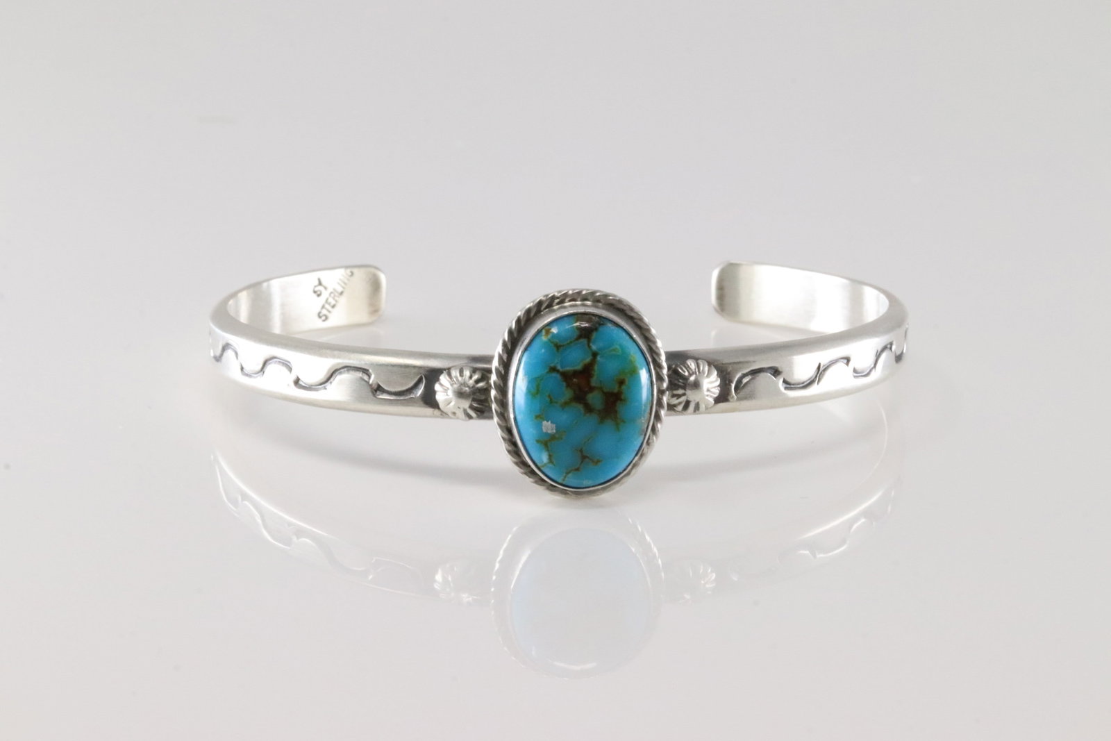 Native America Navajo Sterling Silver Turquoise Bracelet Cuff By Samuel Yellowhair.: This is a Native America Navajo Sterling Silver Turquoise Bracelet Cuff By Samuel Yellowhair.
