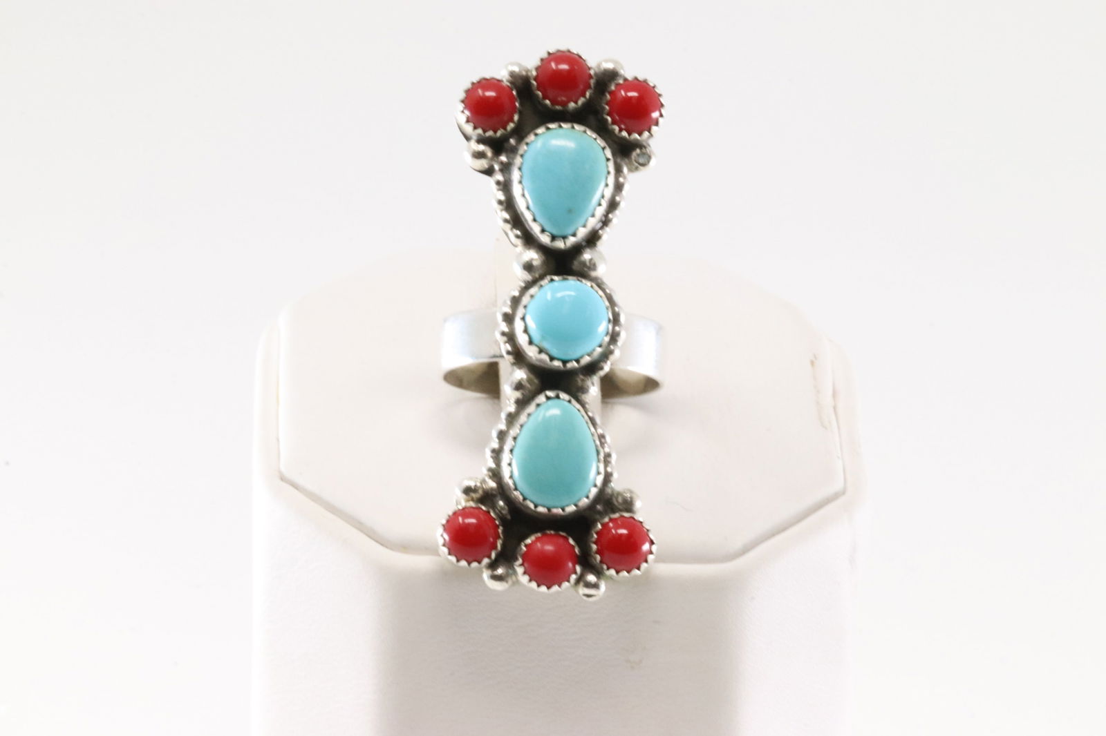 Native America Navajo Sterling Silver Coral & Turquoise Ring By S. (1 of 4)